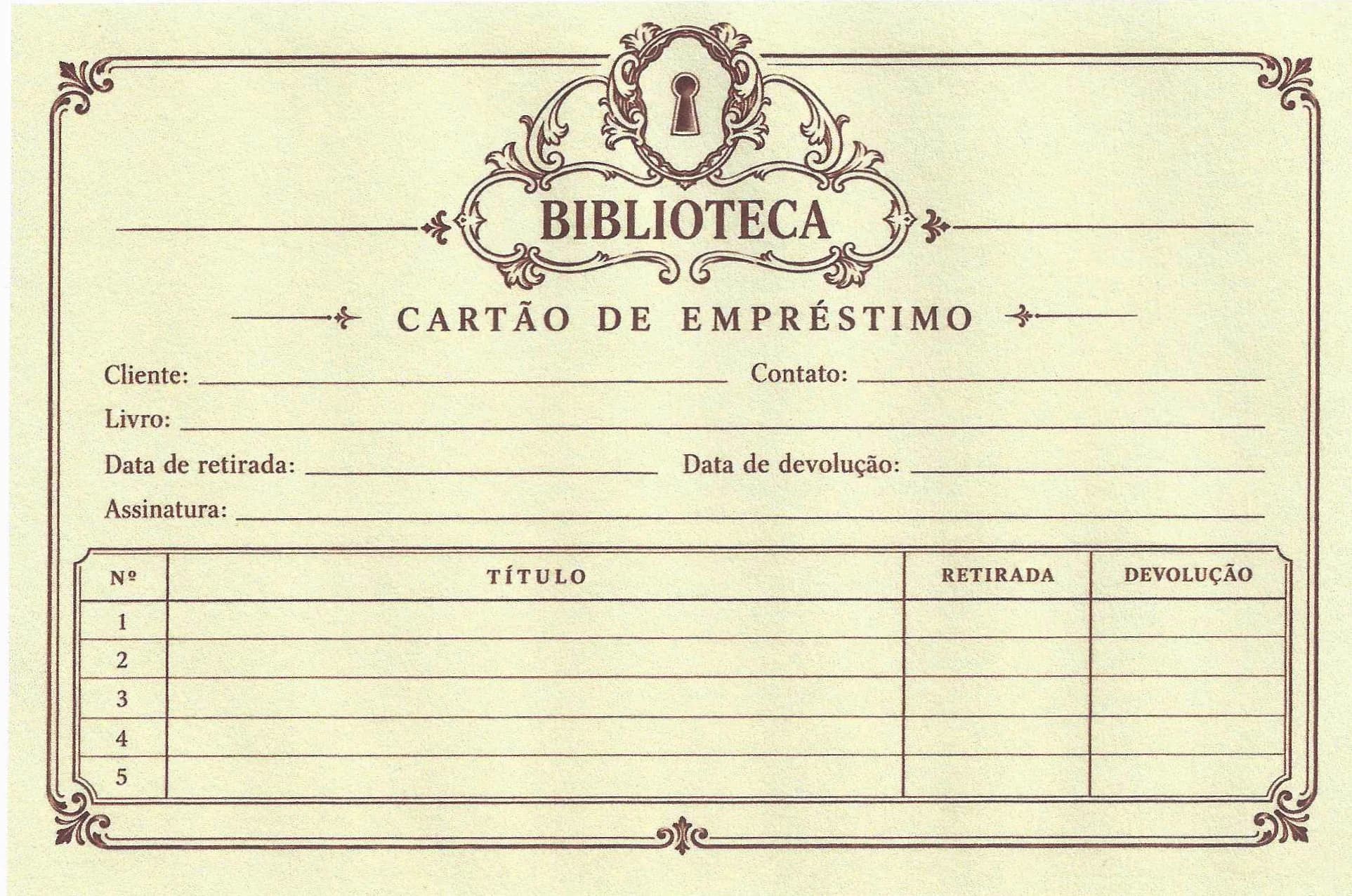 Cartão de empréstimo da Biblioteca, com campos para cliente, livro, data de retirada e devolução